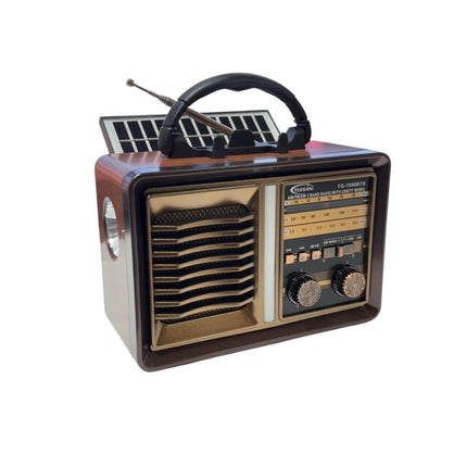 Retro FM AM SW Multi-band BT Card, Solar Rechargeable Radio with Flashlight, Telescopic Antenna, Light Brown Color Radio