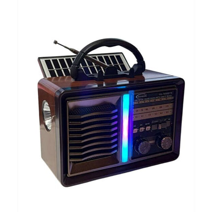 Retro FM AM SW Multi-band BT Card, Solar Rechargeable Radio with Flashlight, Telescopic Antenna, Light Brown Color Radio