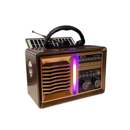 Retro FM AM SW Multi-band BT Card, Solar Rechargeable Radio with Flashlight, Telescopic Antenna, Light Brown Color Radio